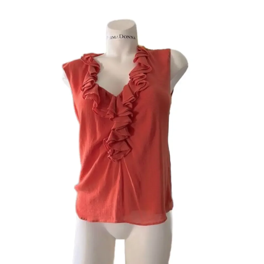 Etro orange v neck ruffle front side zip sleeveless top - Picture 2 of 11